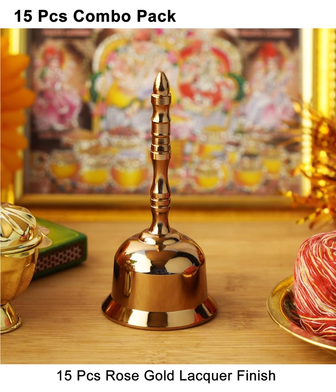 CamelCase 15 Pcs 100% Pure Brass Pooja Bell (4 Inch)- Rose Gold Lacquer Finishes (Jhankar)