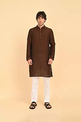 Men Ethnic Embroidered Long Kurta - Brown