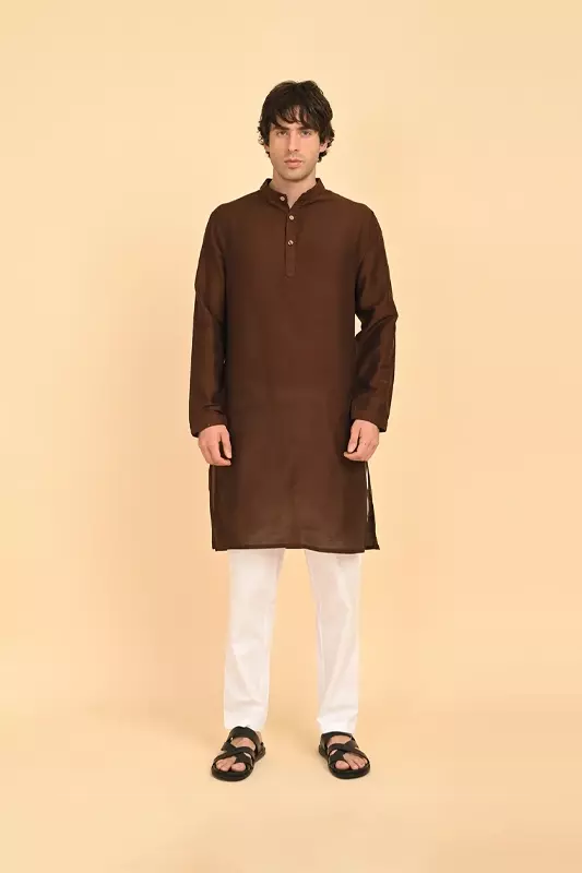 Men Ethnic Embroidered Long Kurta - Brown