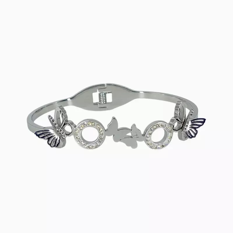 Silver Butterfly Bangle Bracelet with Rhinestone Circles