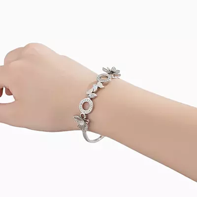 Silver Butterfly Bangle Bracelet with Rhinestone Circles