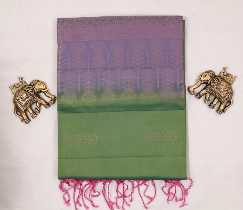 Purple and green mixed soft silk saree with zari motifs