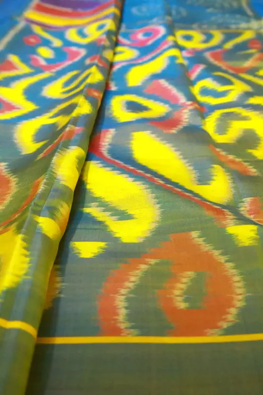Green Ikat Silk Saree with Yellow Motifs & Silver Zari Border with Ikat blouse| Handloom Saree