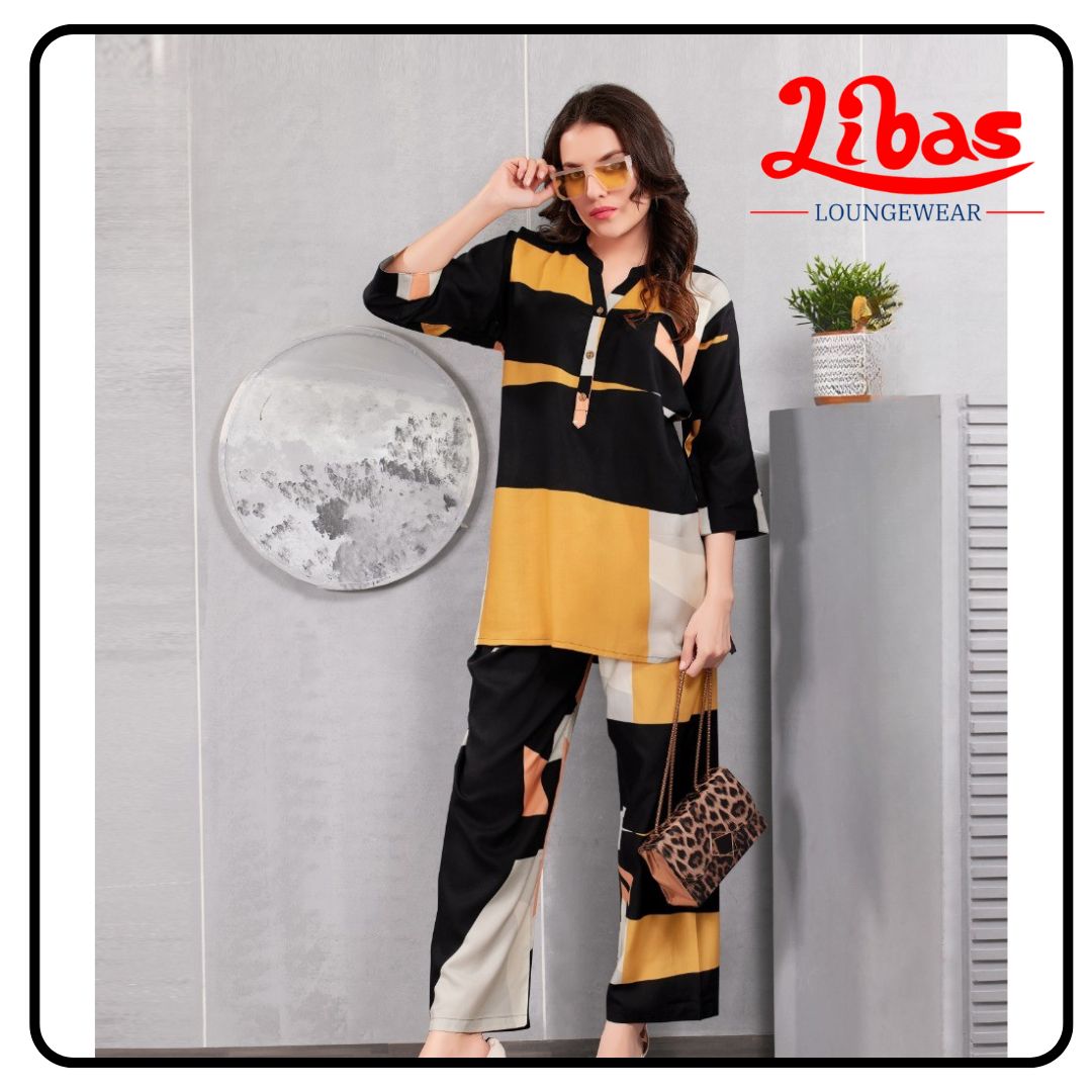 Golden Honey Geometric Top & Bottom Hosiery Cotton Night Suit From Libas Loungewear-FPS157
