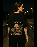 Unisex Black Beach Bear Graphic Printed Oversized Tee