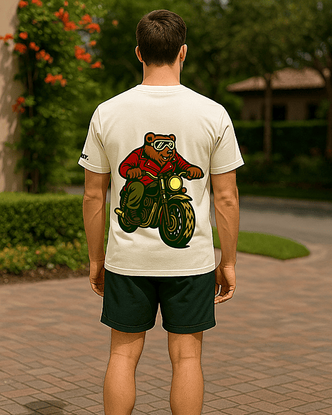 Unisex Off-White Biker Bear Graphic Printed Crew Neck Tee