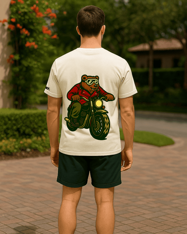 Unisex Off-White Biker Bear Graphic Printed Crew Neck Tee