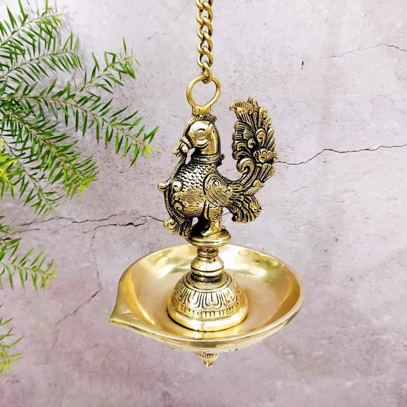 Brass Hanging Peacock Lamp - 29 inch Height | Exquisite Brass Hanging Lamp with Peacock Design