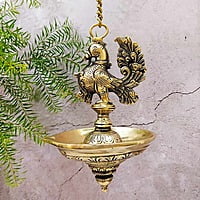 Brass Hanging Peacock Lamp - 29 inch Height | Exquisite Brass Hanging Lamp with Peacock Design