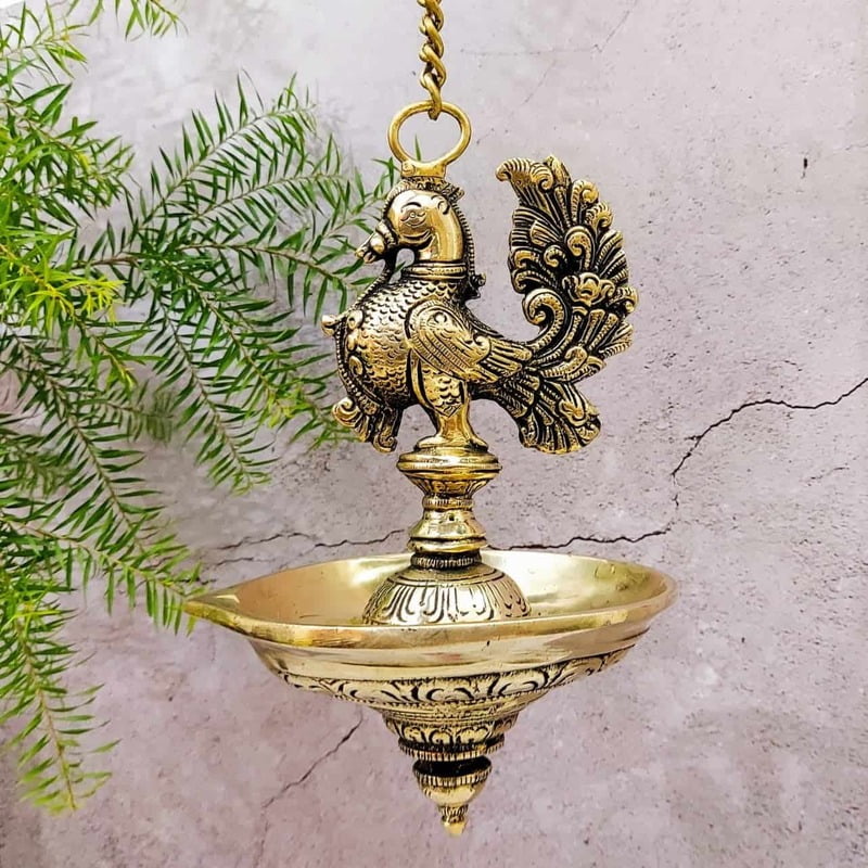 Brass Hanging Peacock Lamp - 29 inch Height | Exquisite Brass Hanging Lamp with Peacock Design
