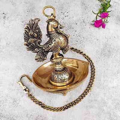 Brass Hanging Peacock Lamp - 29 inch Height | Exquisite Brass Hanging Lamp with Peacock Design