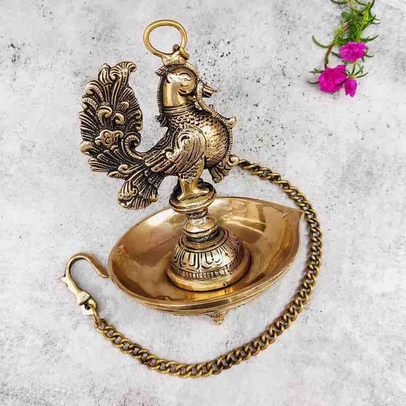Brass Hanging Peacock Lamp - 29 inch Height | Exquisite Brass Hanging Lamp with Peacock Design