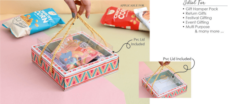 Premium Hamper Tray clear PVC Lid Rope Handle for luxury gifts India