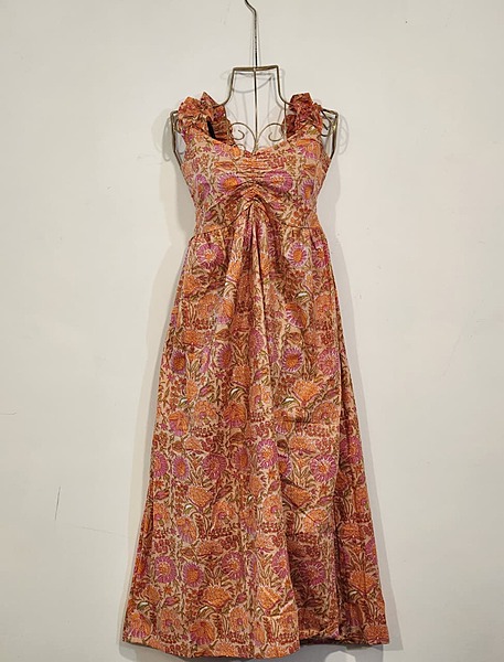 Freya's gentle Scrunch Frill Dress - Orange & Flowers