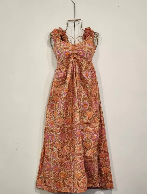 Freya's gentle Scrunch Frill Dress - Orange & Flowers