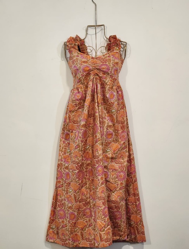 Freya's gentle Scrunch Frill Dress - Orange & Flowers