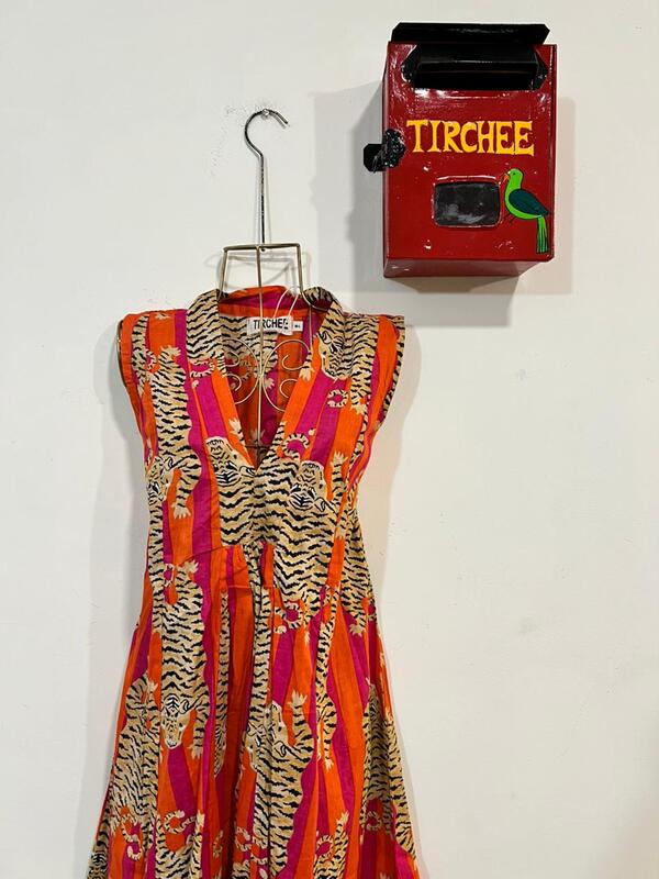 Charita's Everyday Sleeve Less Flare Dress - Orange & Pink Stripes with Tigers