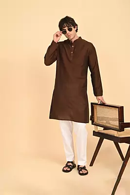 Men Ethnic Embroidered Long Kurta - Brown