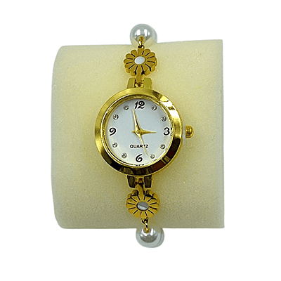 Gold Pearl Bracelet Watch - Elegant Floral Quartz Timepiece