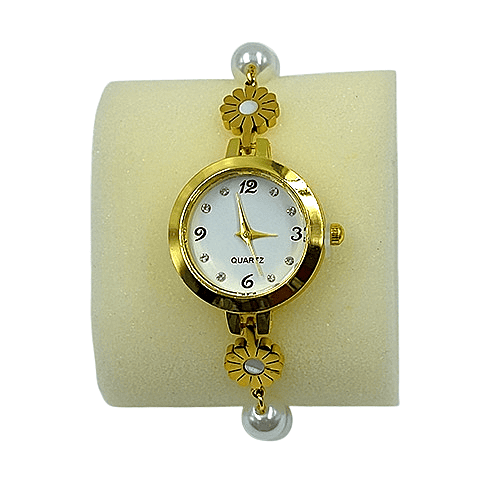 Gold Pearl Bracelet Watch - Elegant Floral Quartz Timepiece