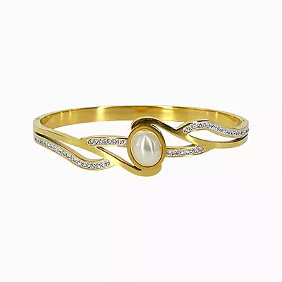 Elegant Wave Like Motif Bangle Bracelet with Pearl and Rhinestones