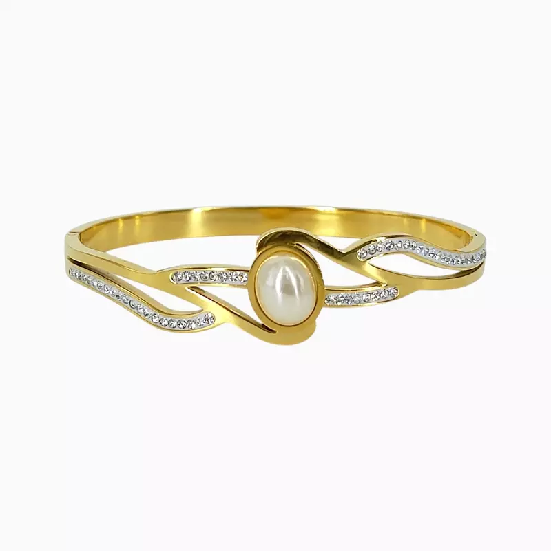 Elegant Wave Like Motif Bangle Bracelet with Pearl and Rhinestones