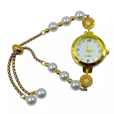 Gold Pearl Bracelet Watch - Elegant Floral Quartz Timepiece
