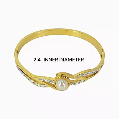 Elegant Wave Like Motif Bangle Bracelet with Pearl and Rhinestones