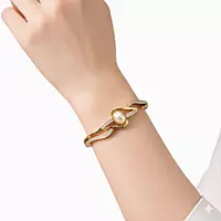 Elegant Wave Like Motif Bangle Bracelet with Pearl and Rhinestones