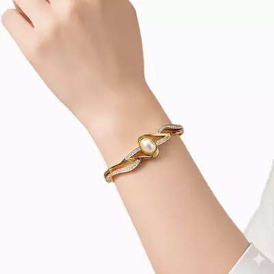 Elegant Wave Like Motif Bangle Bracelet with Pearl and Rhinestones