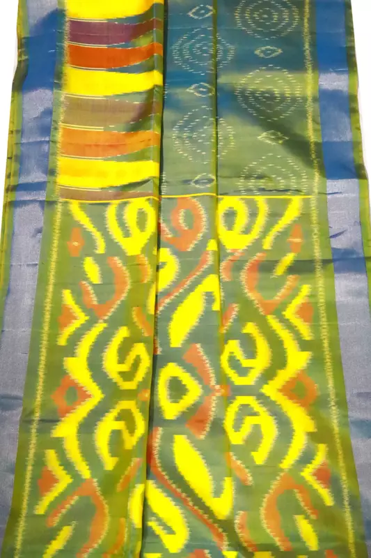 Green Ikat Silk Saree with Yellow Motifs & Silver Zari Border with Ikat blouse| Handloom Saree