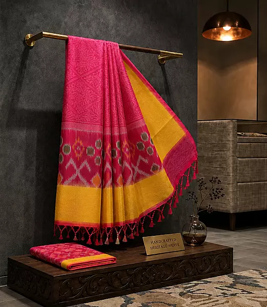 Mustard Yellow Silk Saree with Pink Ikat Pallu & Woven Border | Handloom Saree