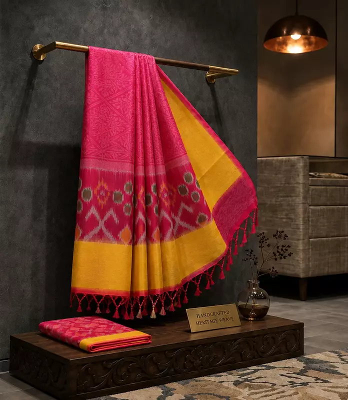 Mustard Yellow Silk Saree with Pink Ikat Pallu & Woven Border | Handloom Saree