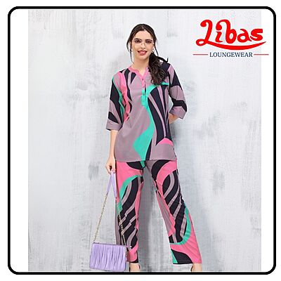 Dusty Lilac Chic Print Top & Bottom Hosiery Cotton Night Suit From Libas Loungewear-FPS158
