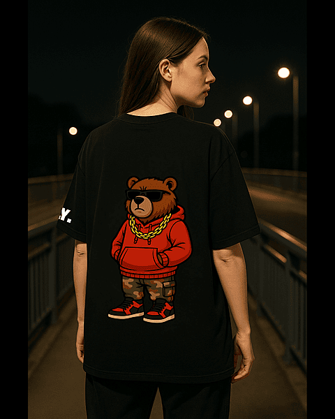 Unisex Black Thug Bear Graphic Printed Oversized Tee