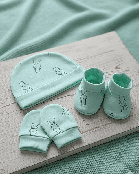 LittleToons Baby Essentials 3-Piece Set – Soft Cotton Cap, Mittens & Booties for Newborns (0–3 Months)