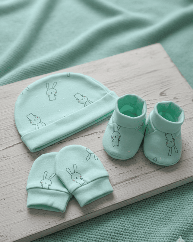 LittleToons Baby Essentials 3-Piece Set – Soft Cotton Cap, Mittens & Booties for Newborns (0–3 Months)