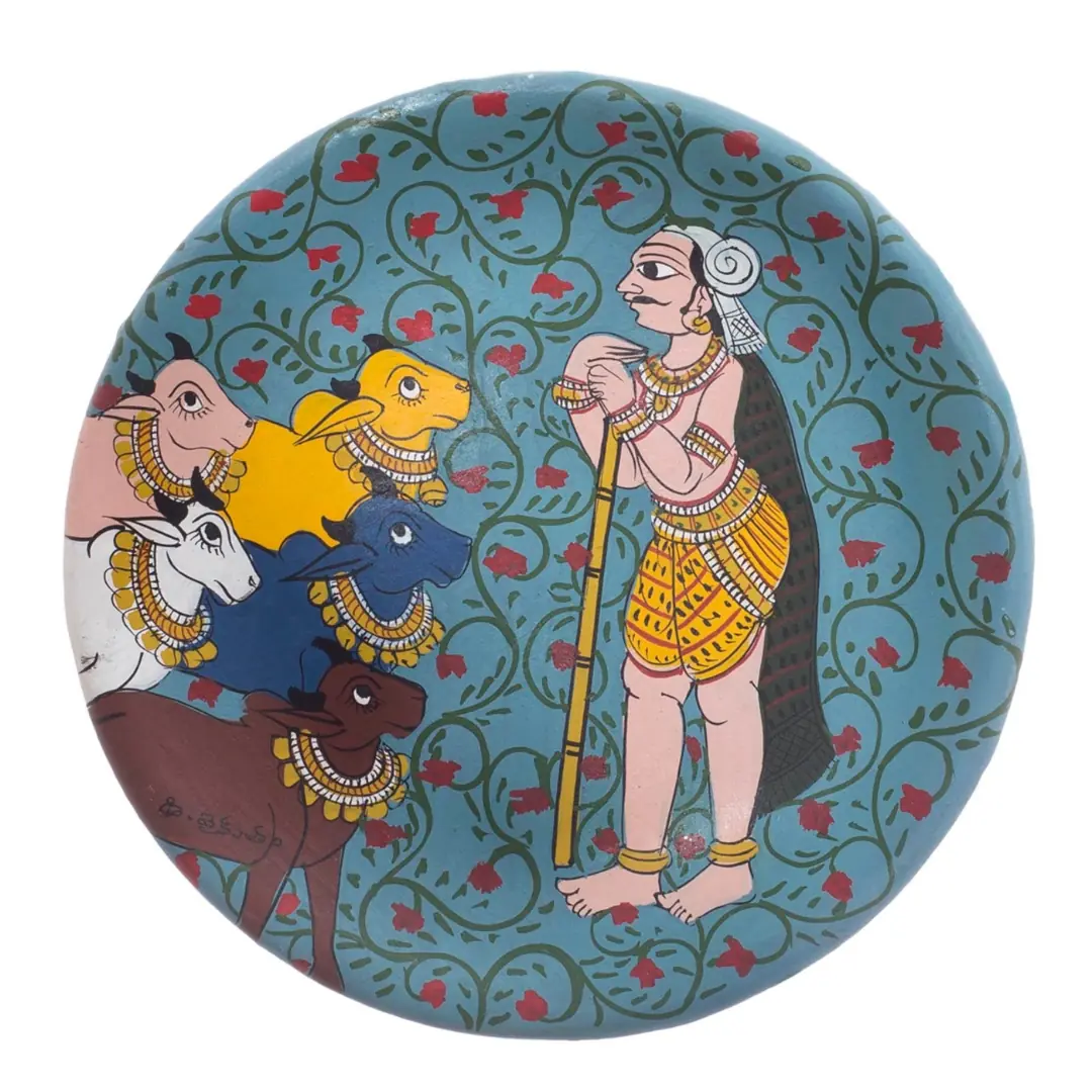 Handpainted Cheriyal Cowherd & Cattle Wooden Wall Plate