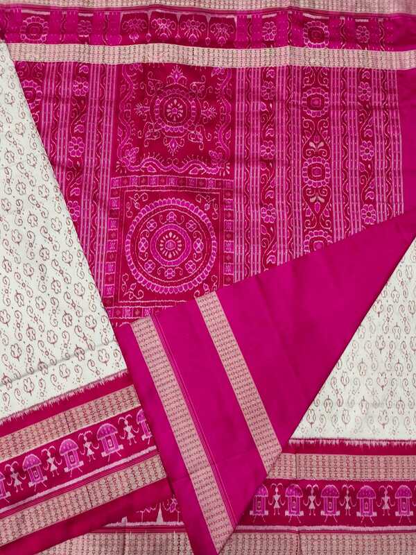 WHITE DOUBLE BORDER BANDHA SILK SAREE