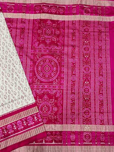 WHITE DOUBLE BORDER BANDHA SILK SAREE