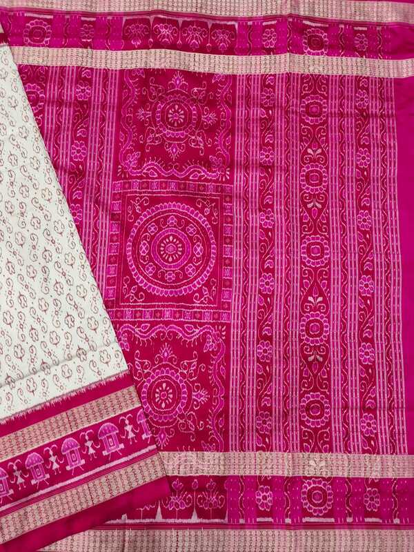 WHITE DOUBLE BORDER BANDHA SILK SAREE