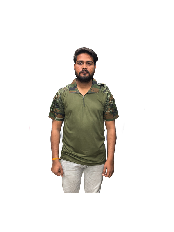 CAMO PRINT half-sleeves collar t-shirt with flaps (dot-net fabric)