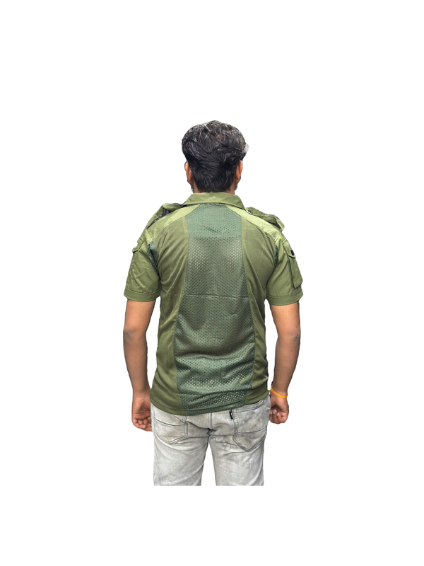OLIVE GREEN half-sleeves collar t-shirt with flap (dot-net fabric)