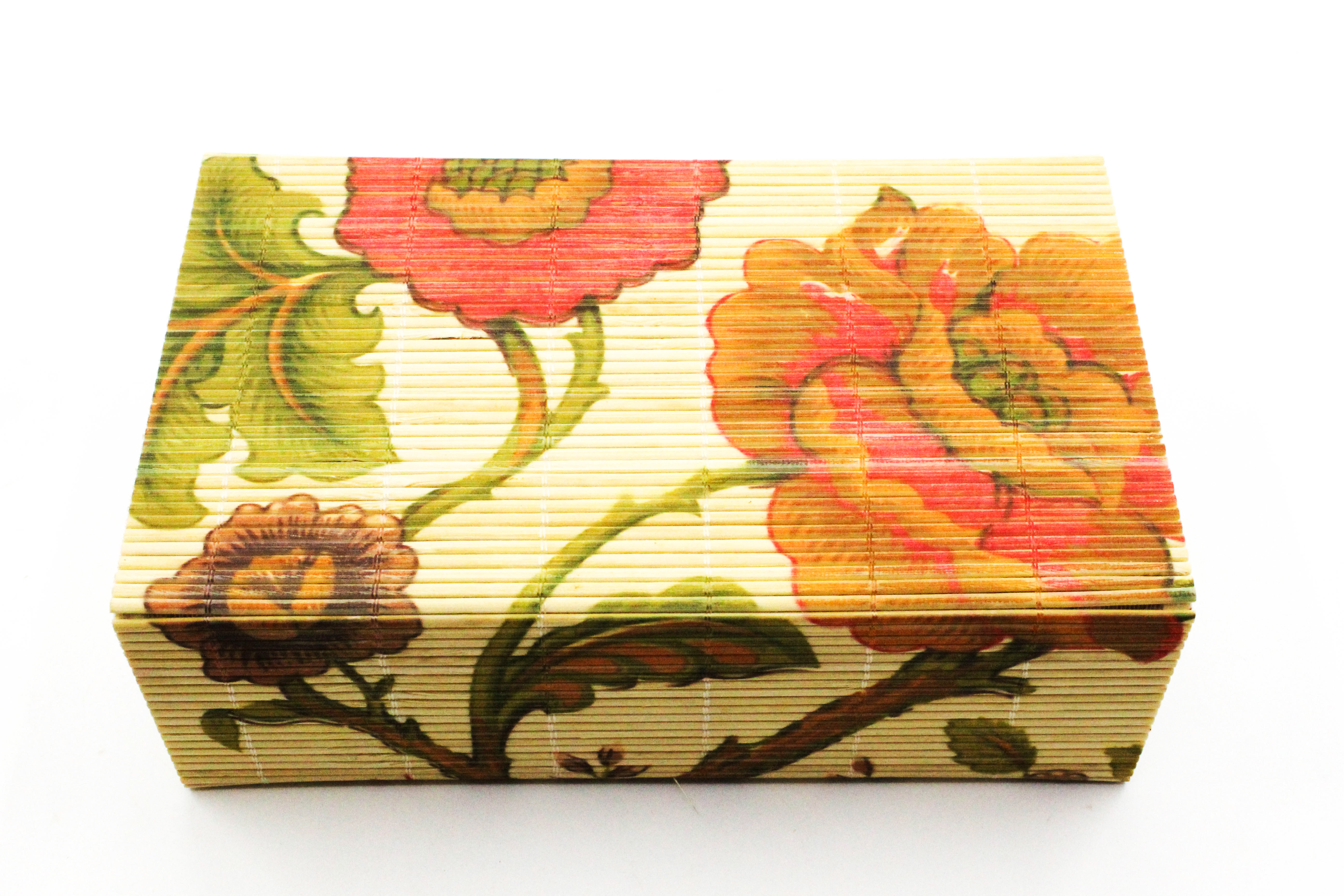 Floral Storage Boxes / Jewellery Boxes Set, Bamboo Decorative Boxes with Lids, 3-Piece Nesting Design, Red and Green Pattern