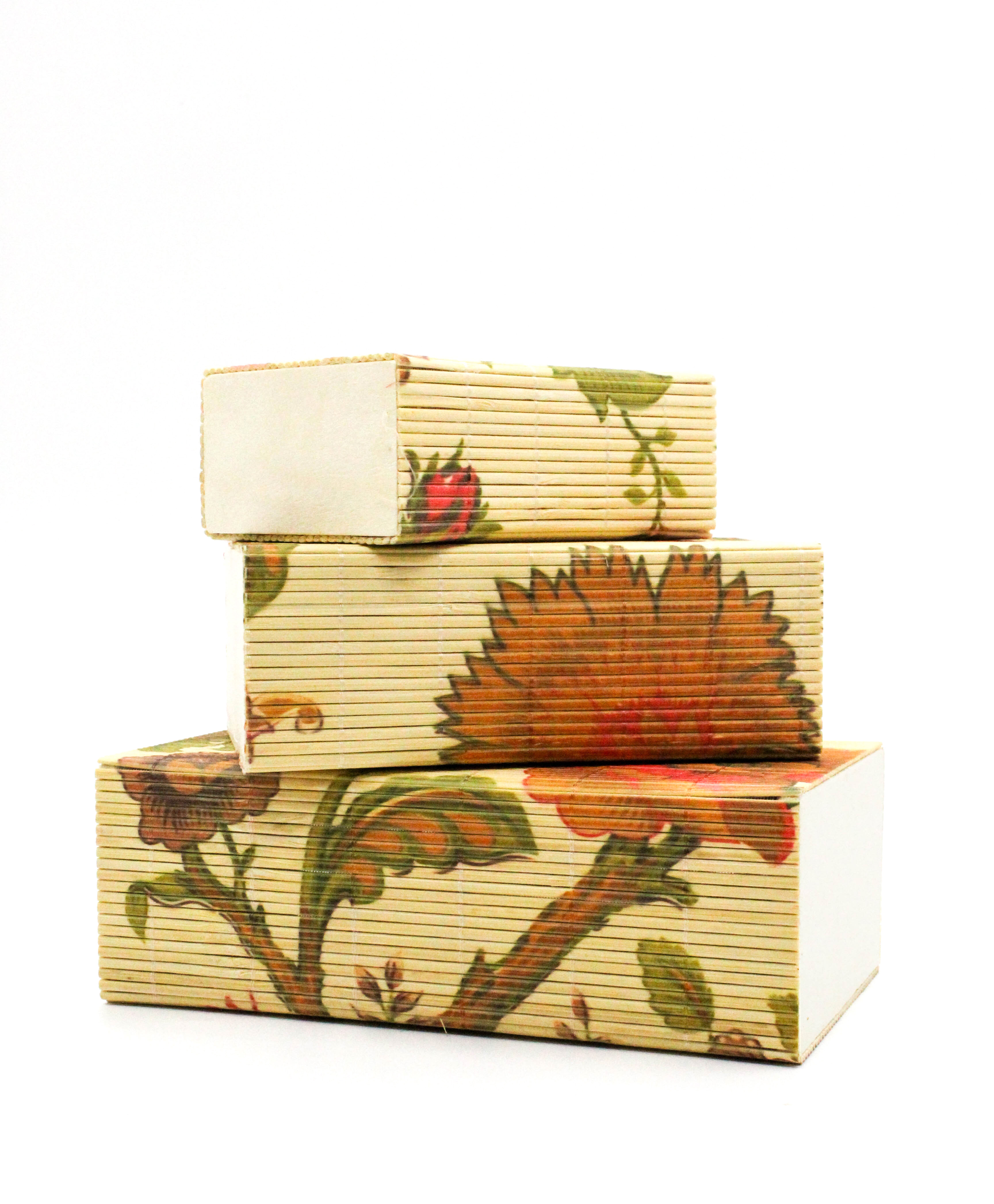 Floral Storage Boxes / Jewellery Boxes Set, Bamboo Decorative Boxes with Lids, 3-Piece Nesting Design, Red and Green Pattern