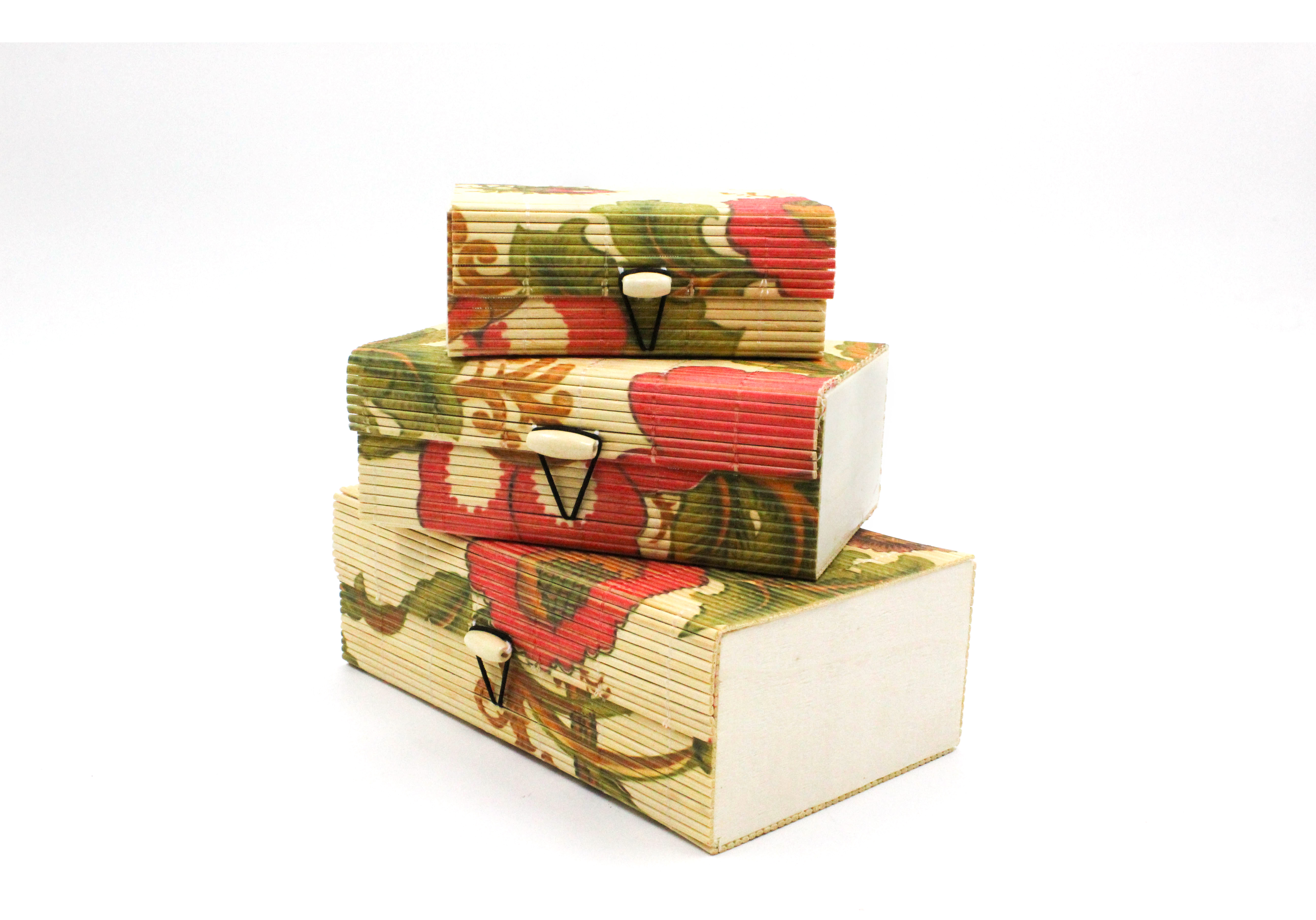 Floral Storage Boxes / Jewellery Boxes Set, Bamboo Decorative Boxes with Lids, 3-Piece Nesting Design, Red and Green Pattern