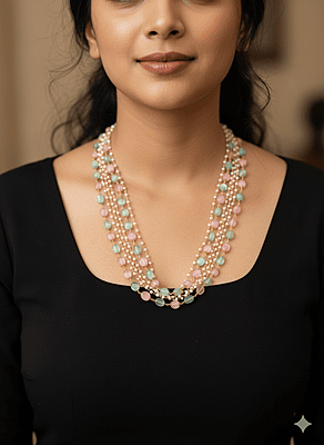 Necklace Pink and Blue Beads Multi Layer