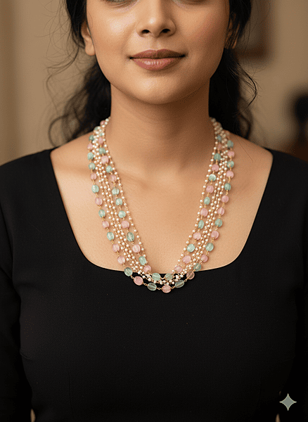 Necklace Pink and Blue Beads Multi Layer