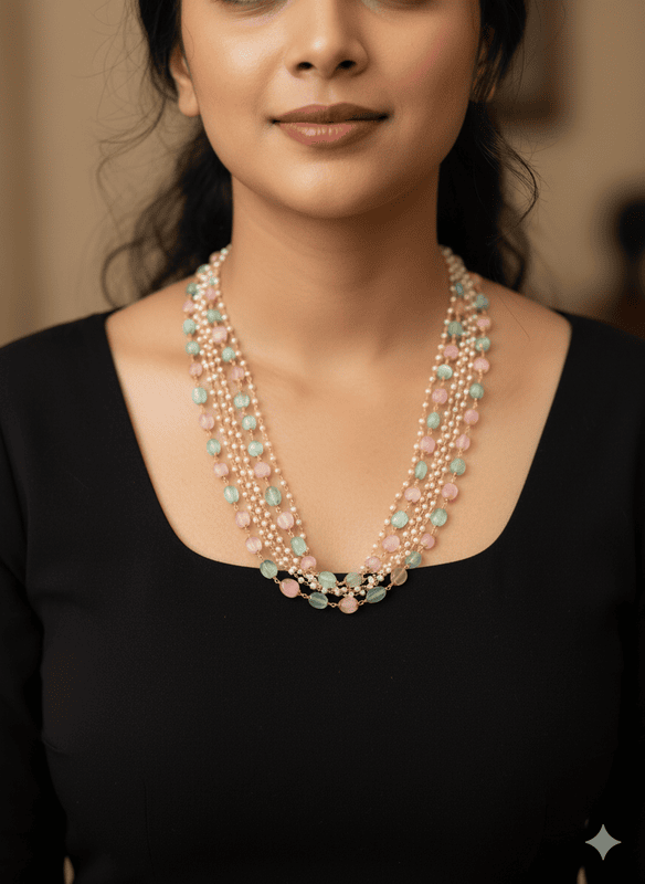 Necklace Pink and Blue Beads Multi Layer