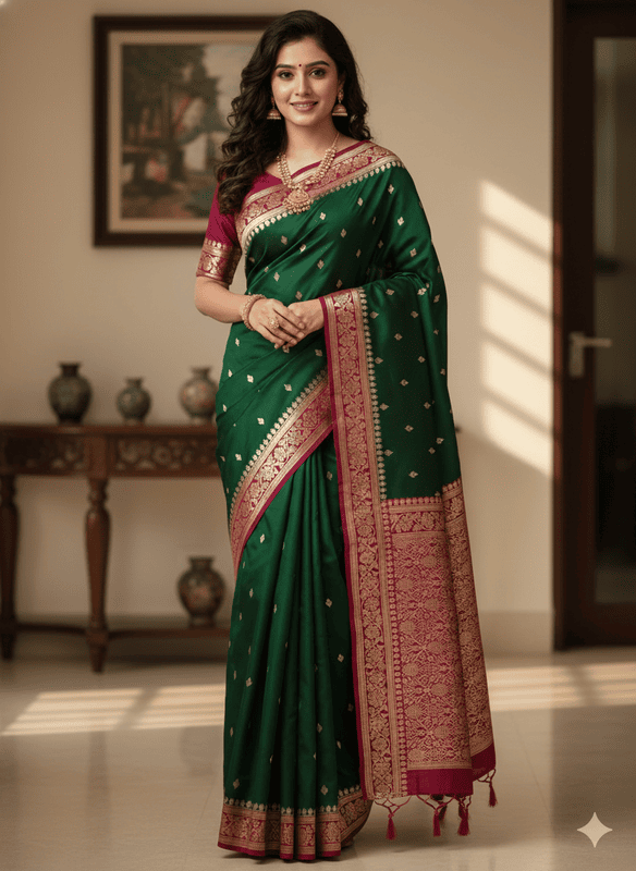 Bottle green banarasi sarees with red blouse